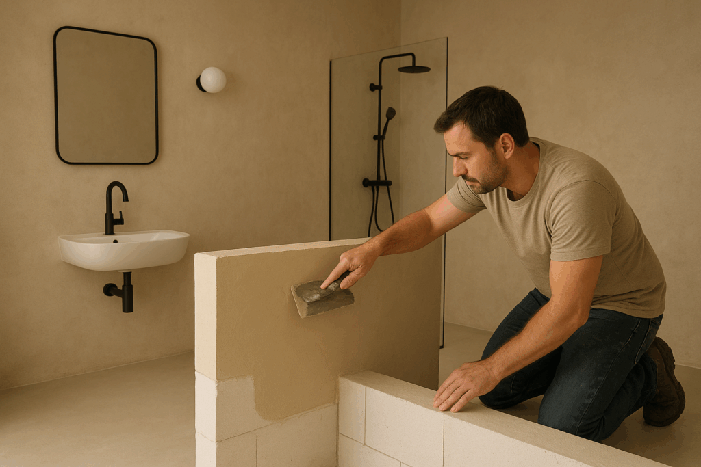 Application de béton ciré dans une salle de bain moderne
